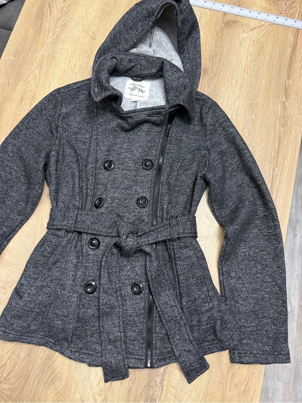 Mudd Women's Dark Gray Hooded Double-Breasted Pea Coat with Belt